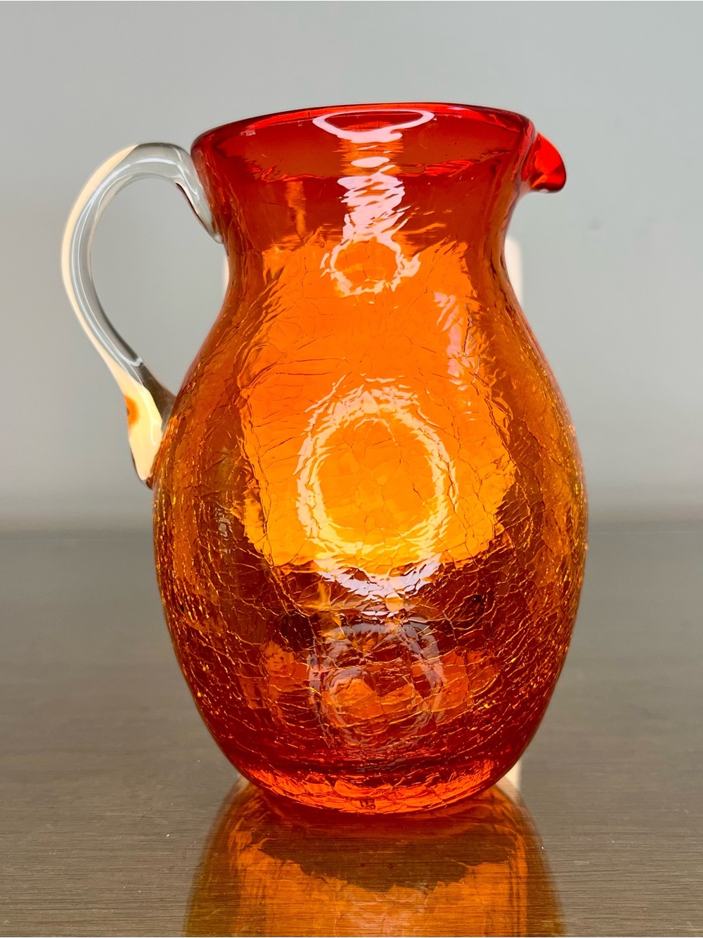 Amberina/Tangerine Crackle Glass Pitcher 5-1/2” Pilgrim Mid-Century Modern